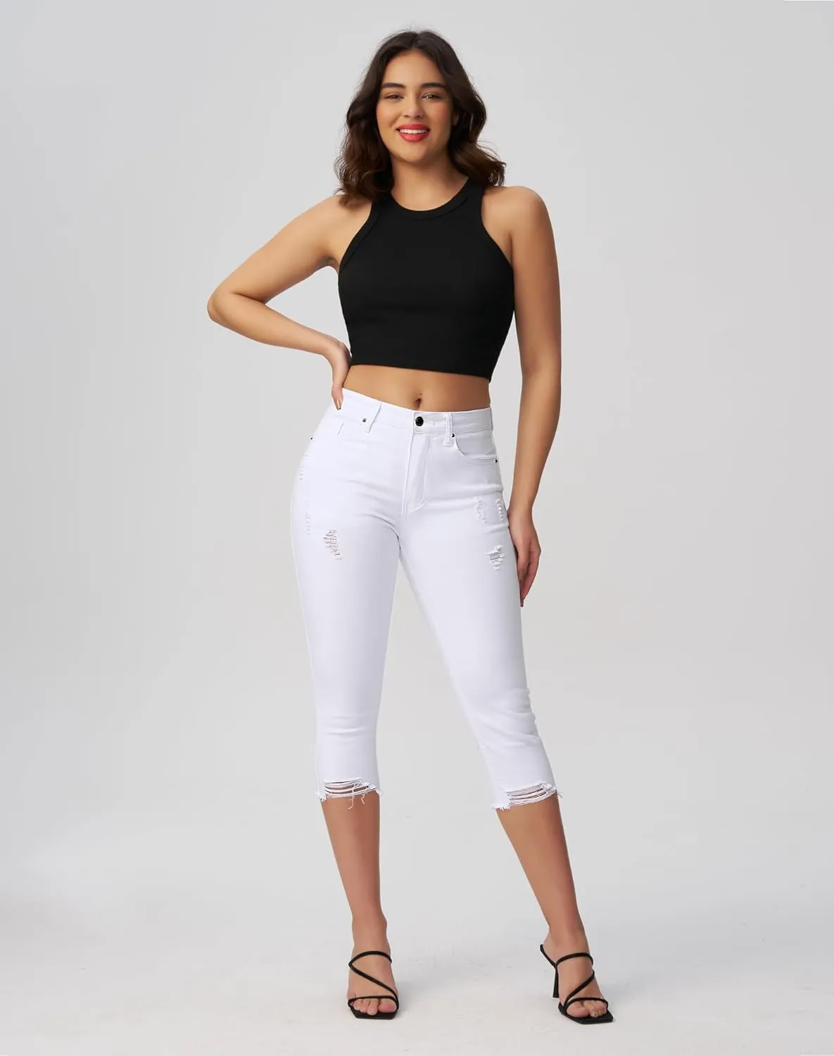 roswear Women's Capri Pants Mid Rise Skinny Ripped Stretchy Cropped Distressed Jeans