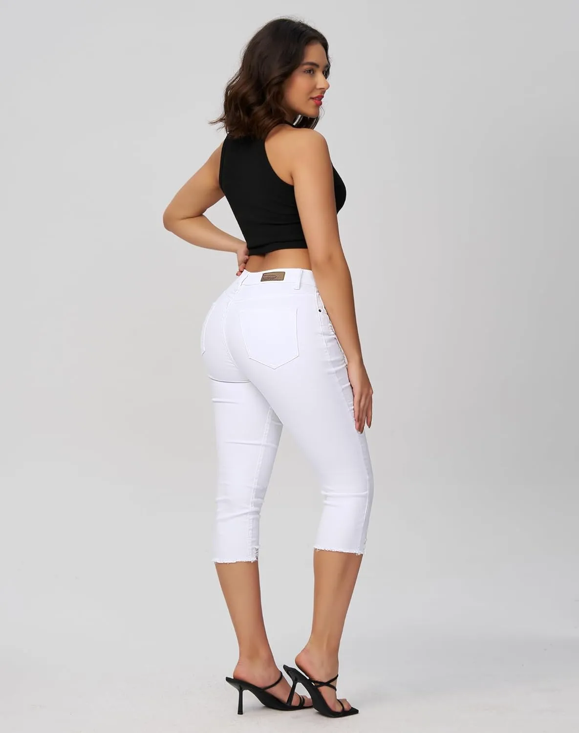 roswear Women's Capri Pants Mid Rise Skinny Ripped Stretchy Cropped Distressed Jeans