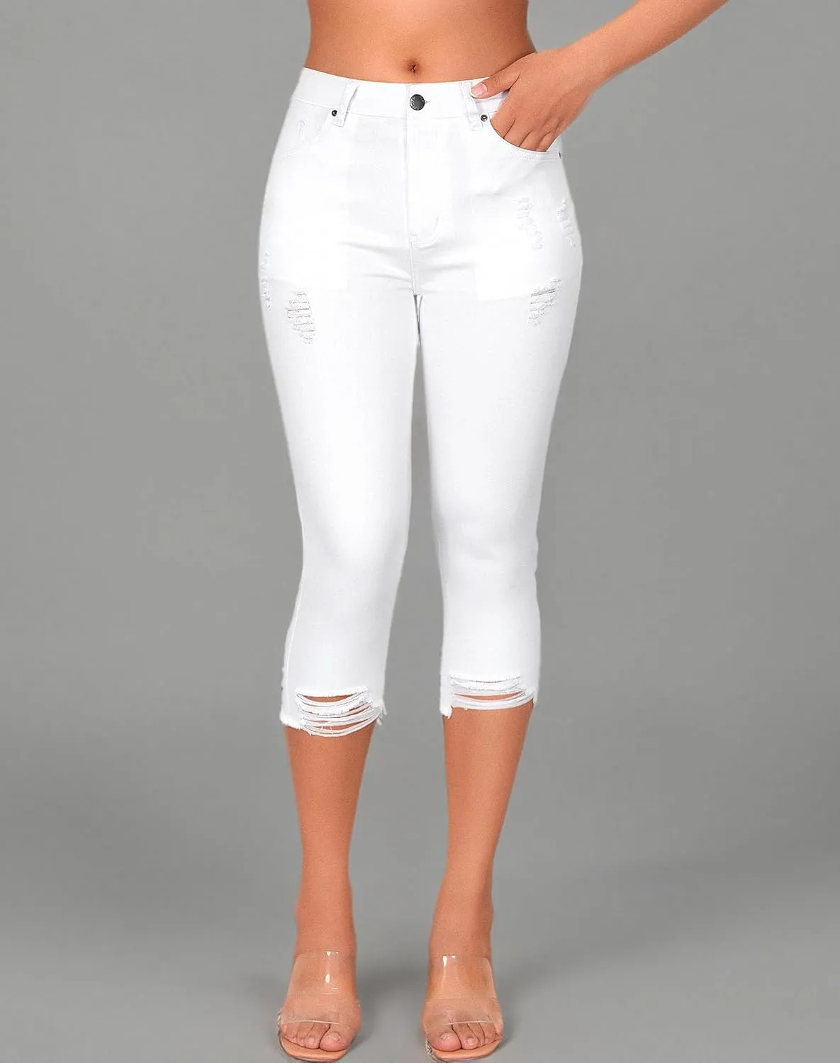 roswear Women's Capri Pants Mid Rise Skinny Ripped Stretchy Cropped Distressed Jeans