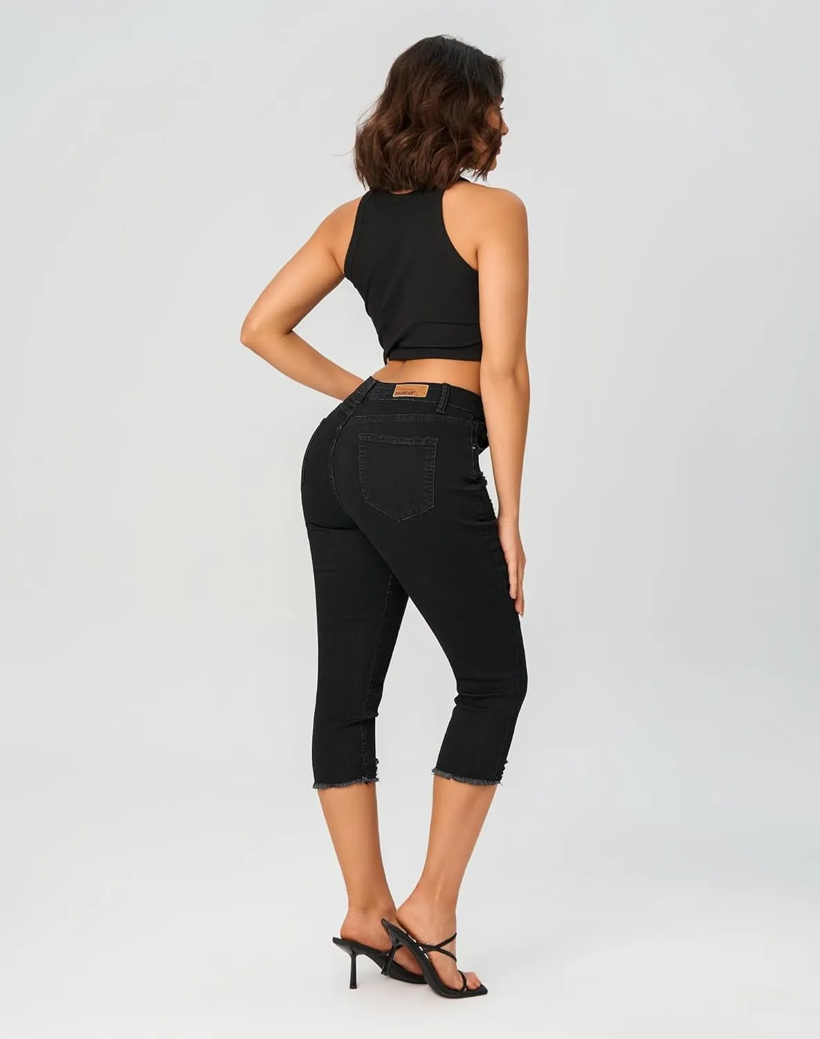 roswear Women's Capri Pants Mid Rise Skinny Ripped Stretchy Cropped Distressed Jeans