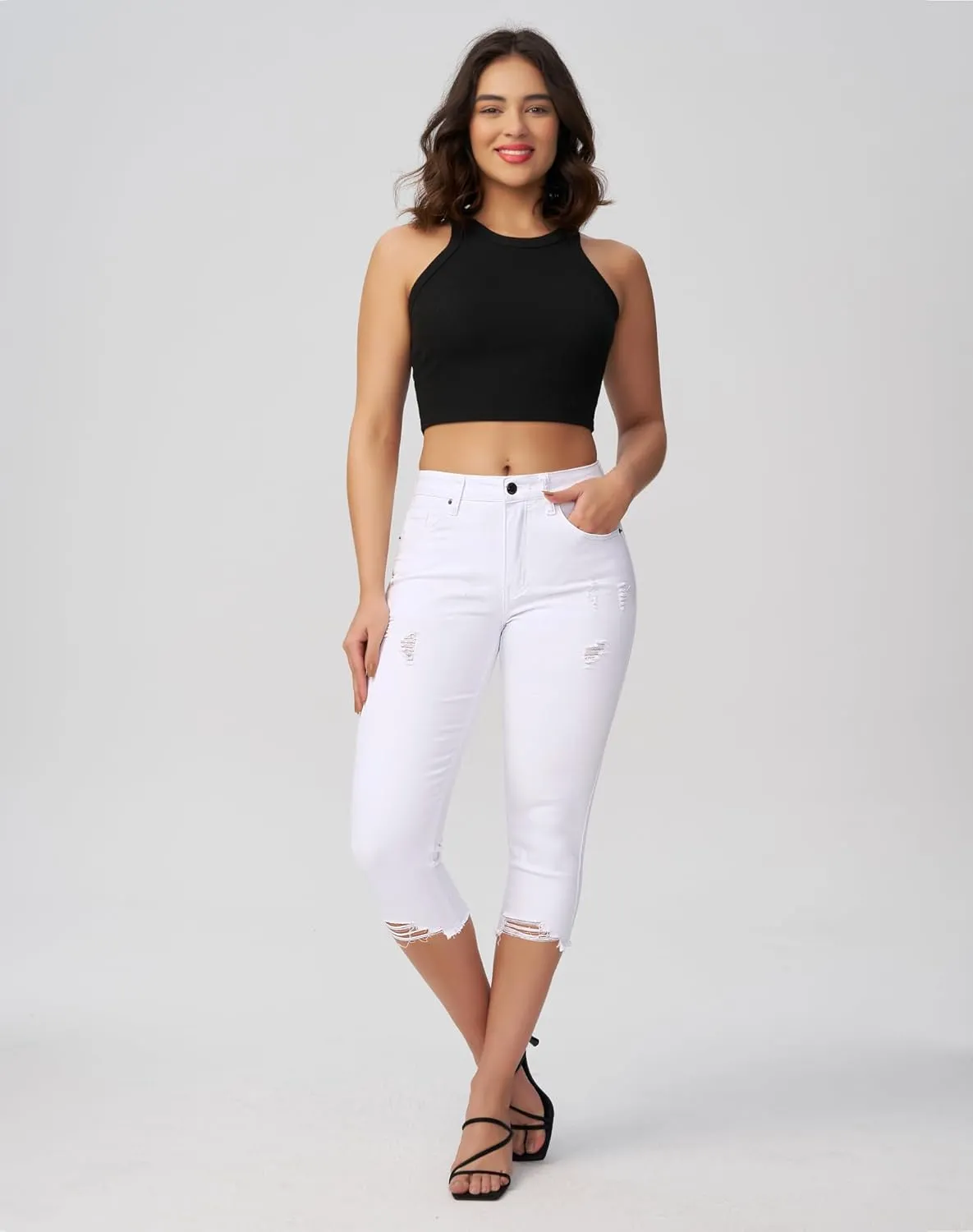 roswear Women's Capri Pants Mid Rise Skinny Ripped Stretchy Cropped Distressed Jeans