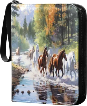 Running Horses Painting Card Binder with 50 Removable Page Sleeves PU Leather Collectible Trading Card Albums Book with Zipper for Games Card,Baseball Cards