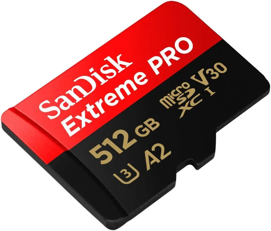 SanDisk Extreme PRO microSDXC UHS-I Memory Card 512 GB   Adapter & RescuePRO Deluxe (for Smartphones, Action Cameras or Drones, A2, Class 10, V30, U3, 200 MB/s Transfer)