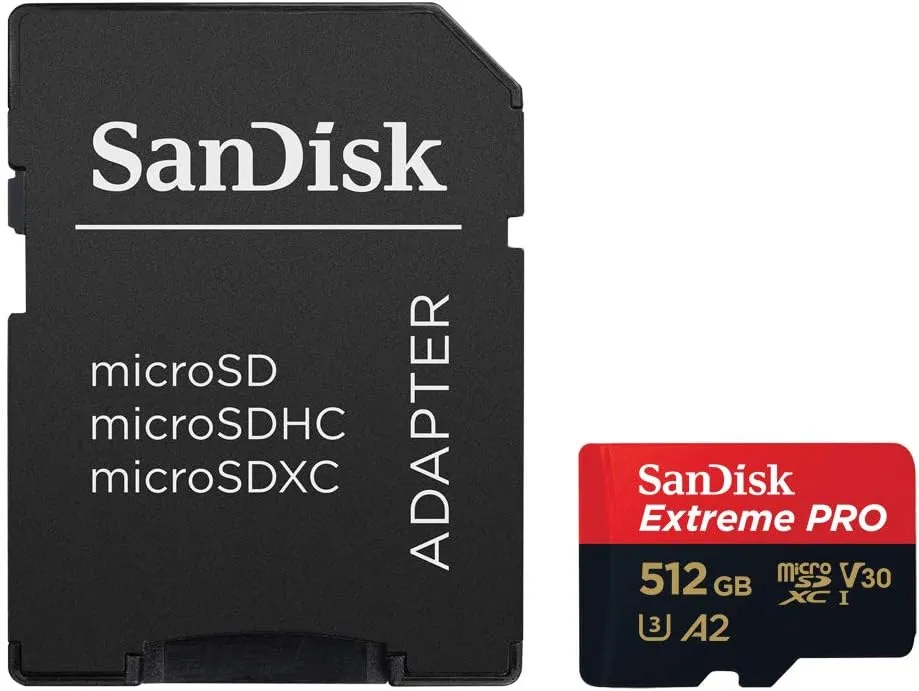 SanDisk Extreme PRO microSDXC UHS-I Memory Card 512 GB   Adapter & RescuePRO Deluxe (for Smartphones, Action Cameras or Drones, A2, Class 10, V30, U3, 200 MB/s Transfer)