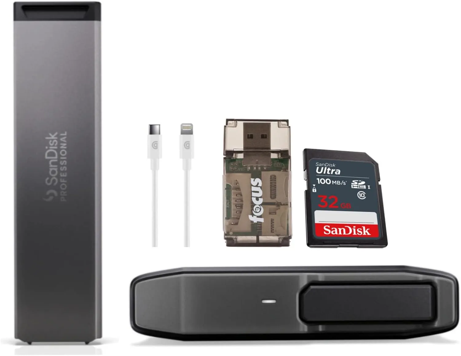 SanDisk Professional Pro-Blade Transport 2TB Portable External Hard Drive (Dark Gray) Bundle with SanDisk 2TB SSD Mag, 32GB Memory Card, Charge Cable (6-Feet), and USB Card Reader (4 Items)