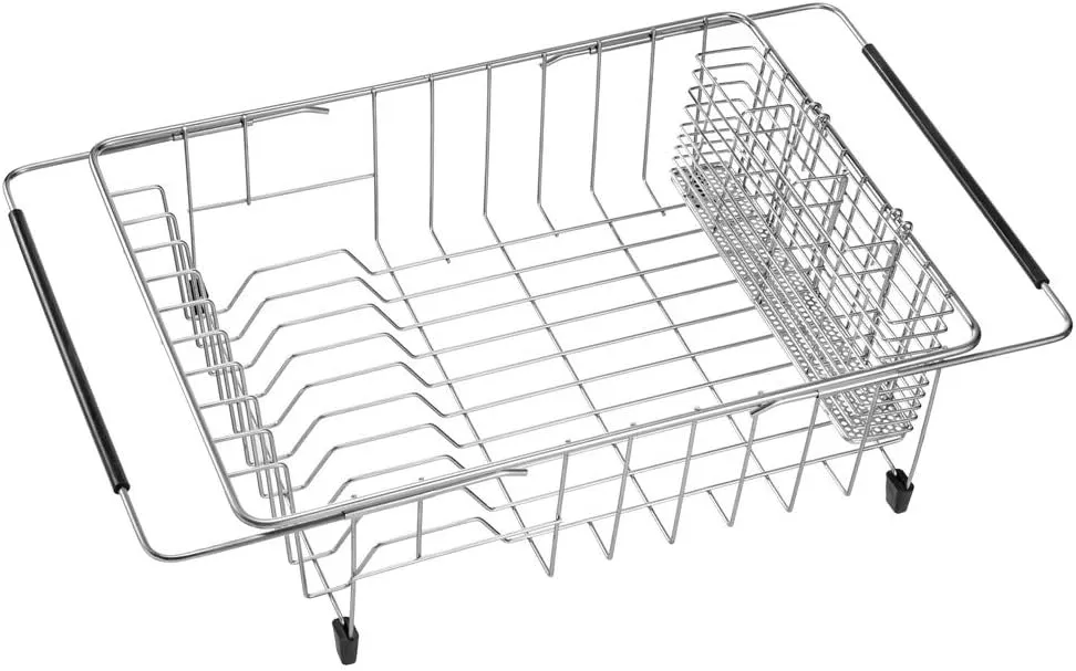 SANNO Expandable in Sink Dish Drying Rack, Large Dish Drying Rack with 4 Division Utensil Silverware Cutlery Holder, Dish Drainer Shelf Dish Rack in Sink On Counter, Rustproof Stainless Steel