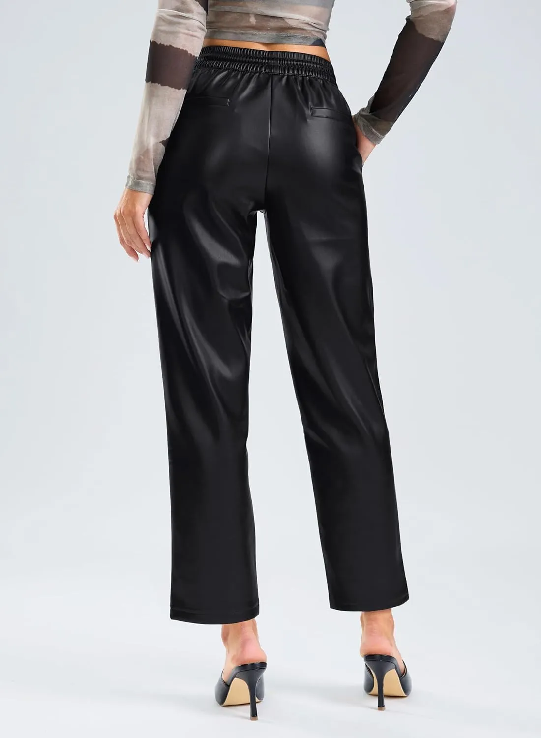 SANTINY Women's Faux Leather Pants High Waisted Straight Leg Cropped Ankle Trousers Vegan Matte Pleather Pants for Women