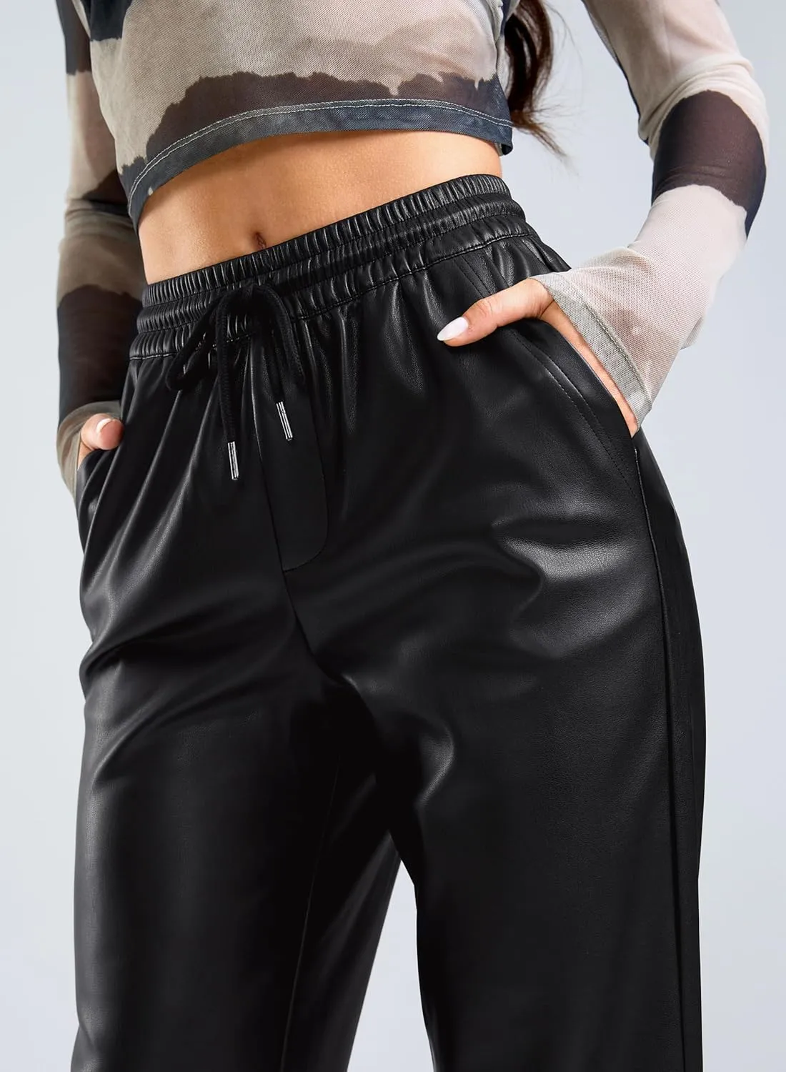 SANTINY Women's Faux Leather Pants High Waisted Straight Leg Cropped Ankle Trousers Vegan Matte Pleather Pants for Women