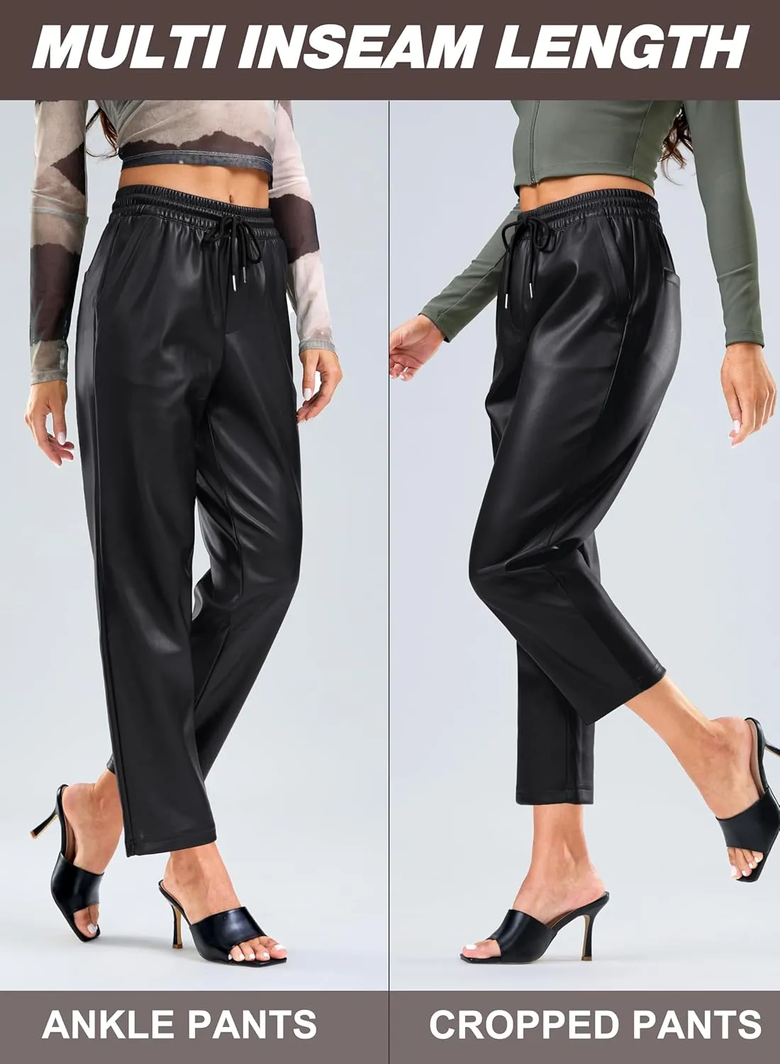 SANTINY Women's Faux Leather Pants High Waisted Straight Leg Cropped Ankle Trousers Vegan Matte Pleather Pants for Women