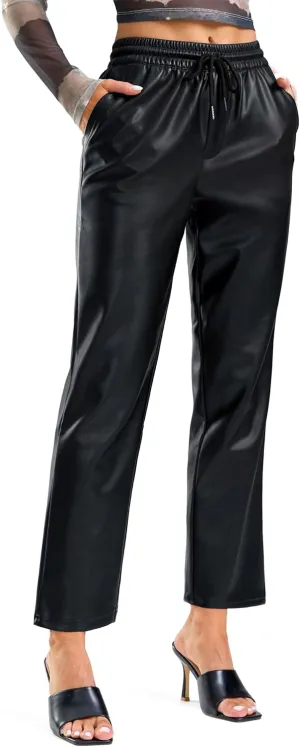 SANTINY Women's Faux Leather Pants High Waisted Straight Leg Cropped Ankle Trousers Vegan Matte Pleather Pants for Women
