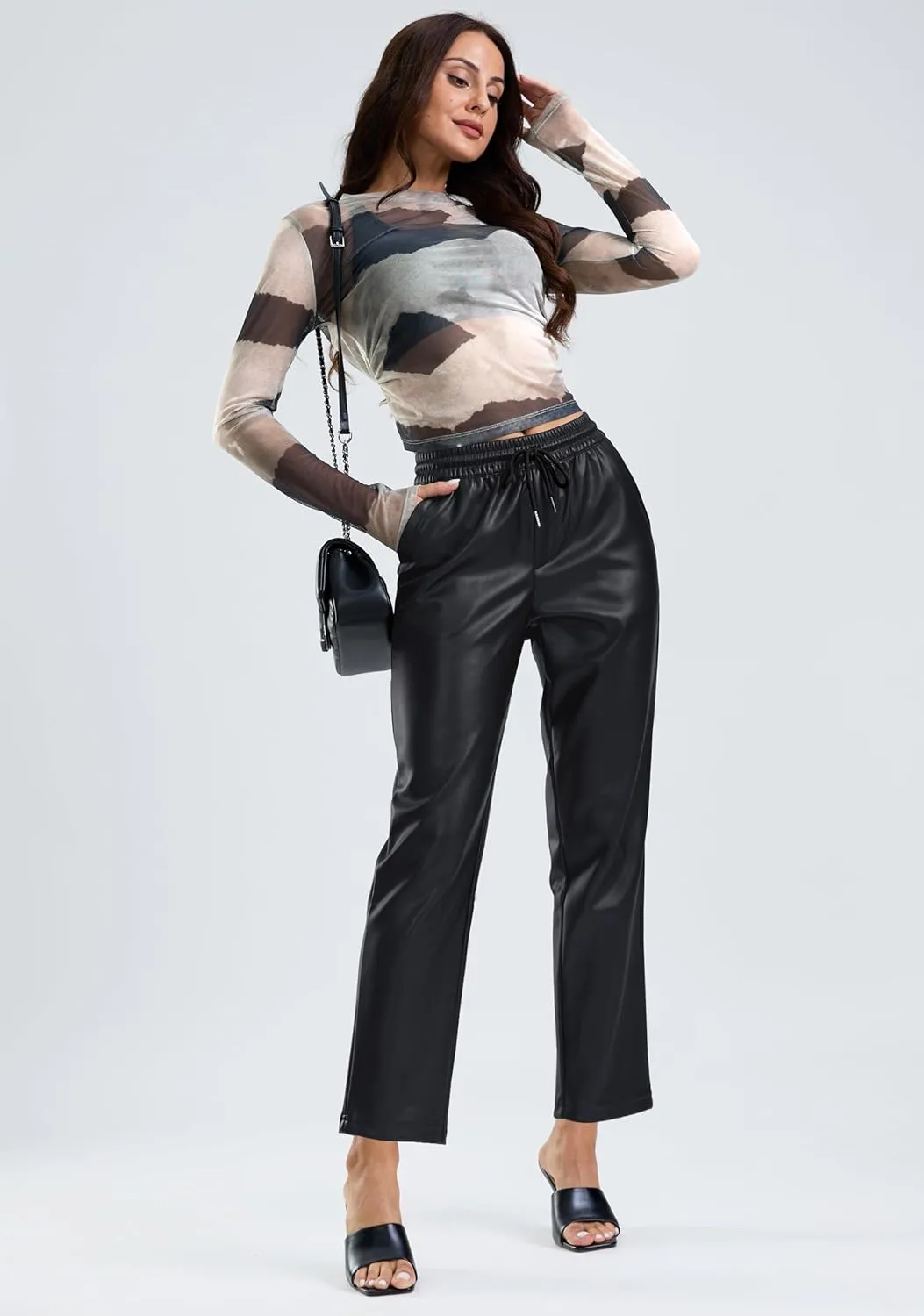 SANTINY Women's Faux Leather Pants High Waisted Straight Leg Cropped Ankle Trousers Vegan Matte Pleather Pants for Women
