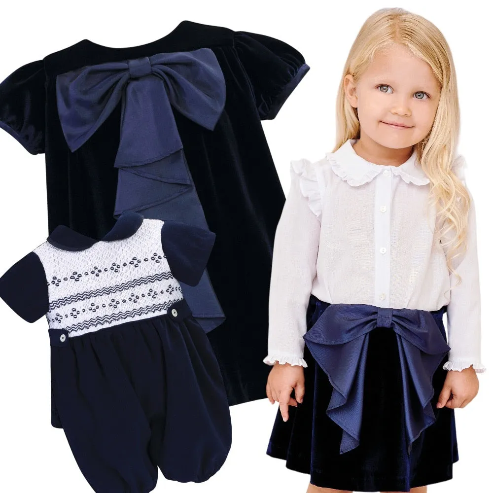 Sarah Louise Girls Navy Velvet Dress