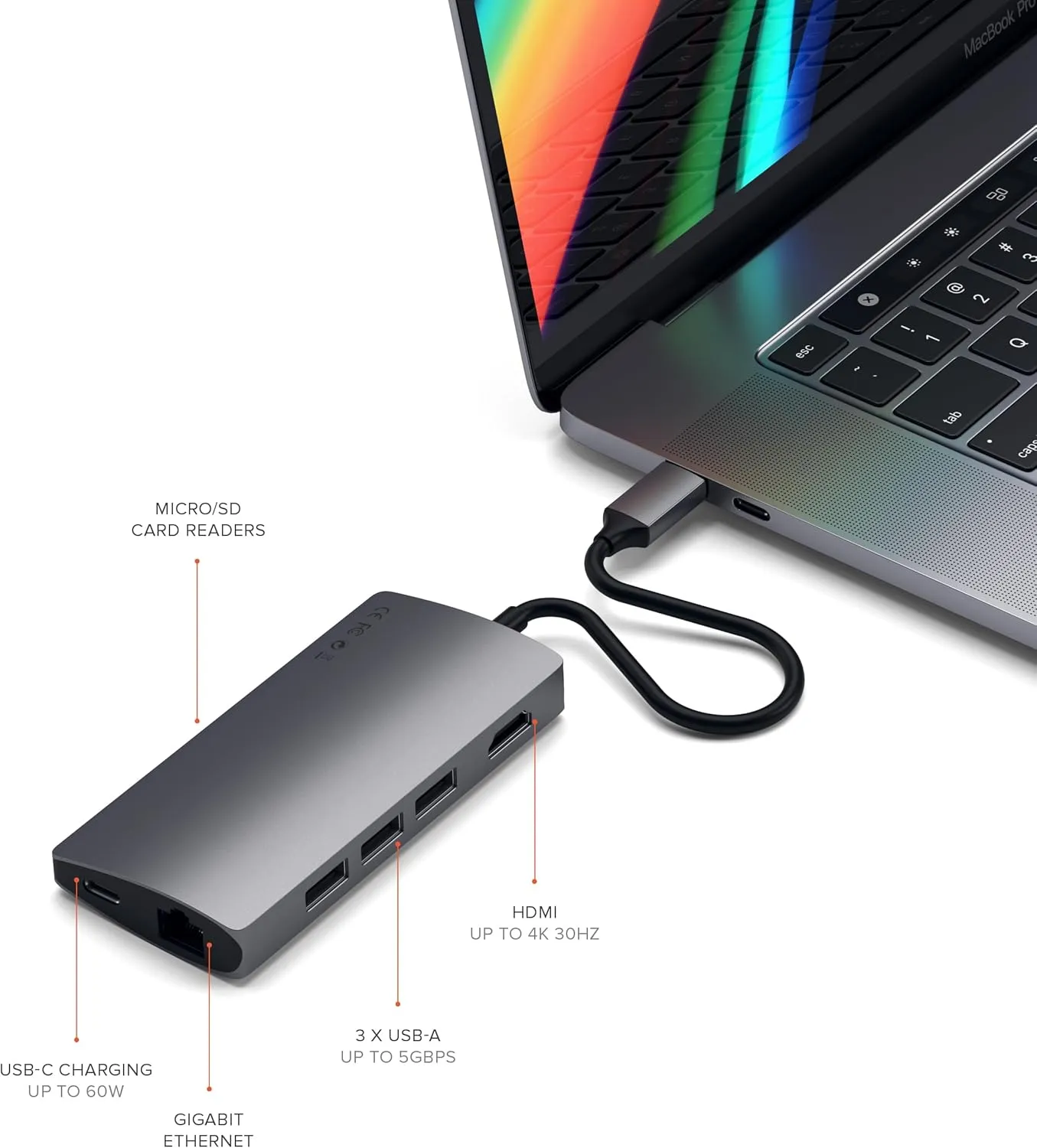 Satechi USB C Hub Multiport Adapter V2, with 4K HDMI, 60W USB C PD Charging, 3 USB-A, Ethernet, Micro/SD Card Readers, for MacBook Pro/Air & Windows - Space Gray