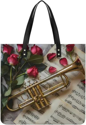 Saxophone with Music Note Sheets Music Instruments Photography Tote Bag for Women PU Leather Purses Handbags Shoulder Bag for Top Handle