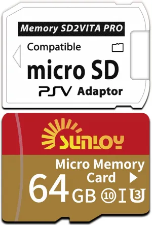 SD2Vita 6.0 PS Vita Memory Card Adapter with 64GB Micro SD Card, High Speed microSDHC UHS-I Flash Memory Card with PSV Micro SD Card Adapter for PSV 1000/2000 PSTV FW 3.60 HENkaku Enso System
