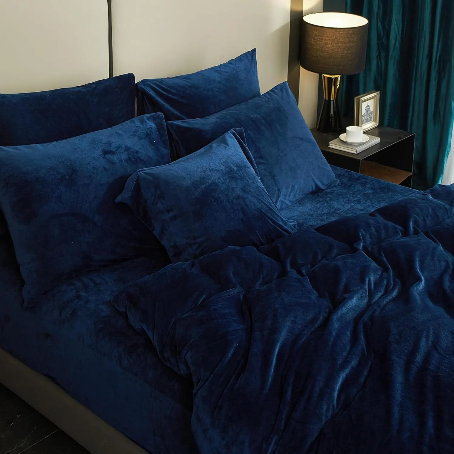 SE SOFTEXLY Velvet Blue Duvet Cover Queen Size, Soft Flannel Duvet Cover with Zipper Solid Breathable Silky Velour Comforter Cover, Cozy Winter Duvet Cover Set with 2 Pillowcases, 90" x 90"