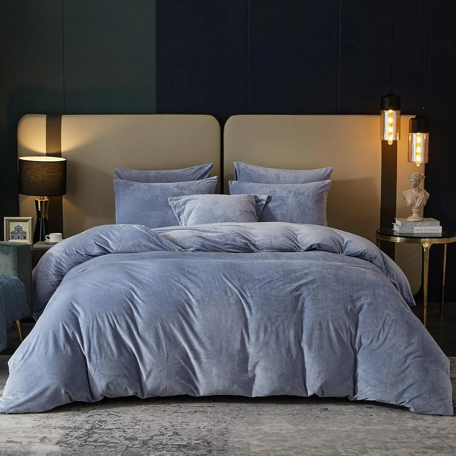 SE SOFTEXLY Velvet Blue Duvet Cover Queen Size, Soft Flannel Duvet Cover with Zipper Solid Breathable Silky Velour Comforter Cover, Cozy Winter Duvet Cover Set with 2 Pillowcases, 90" x 90"