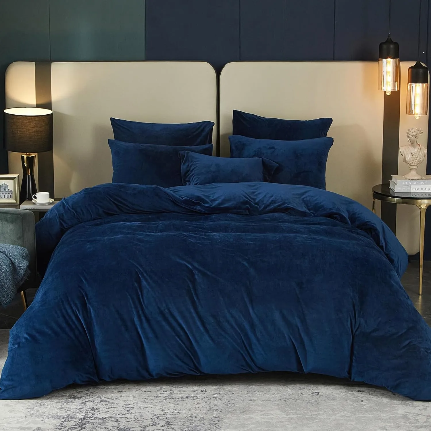 SE SOFTEXLY Velvet Blue Duvet Cover Queen Size, Soft Flannel Duvet Cover with Zipper Solid Breathable Silky Velour Comforter Cover, Cozy Winter Duvet Cover Set with 2 Pillowcases, 90" x 90"