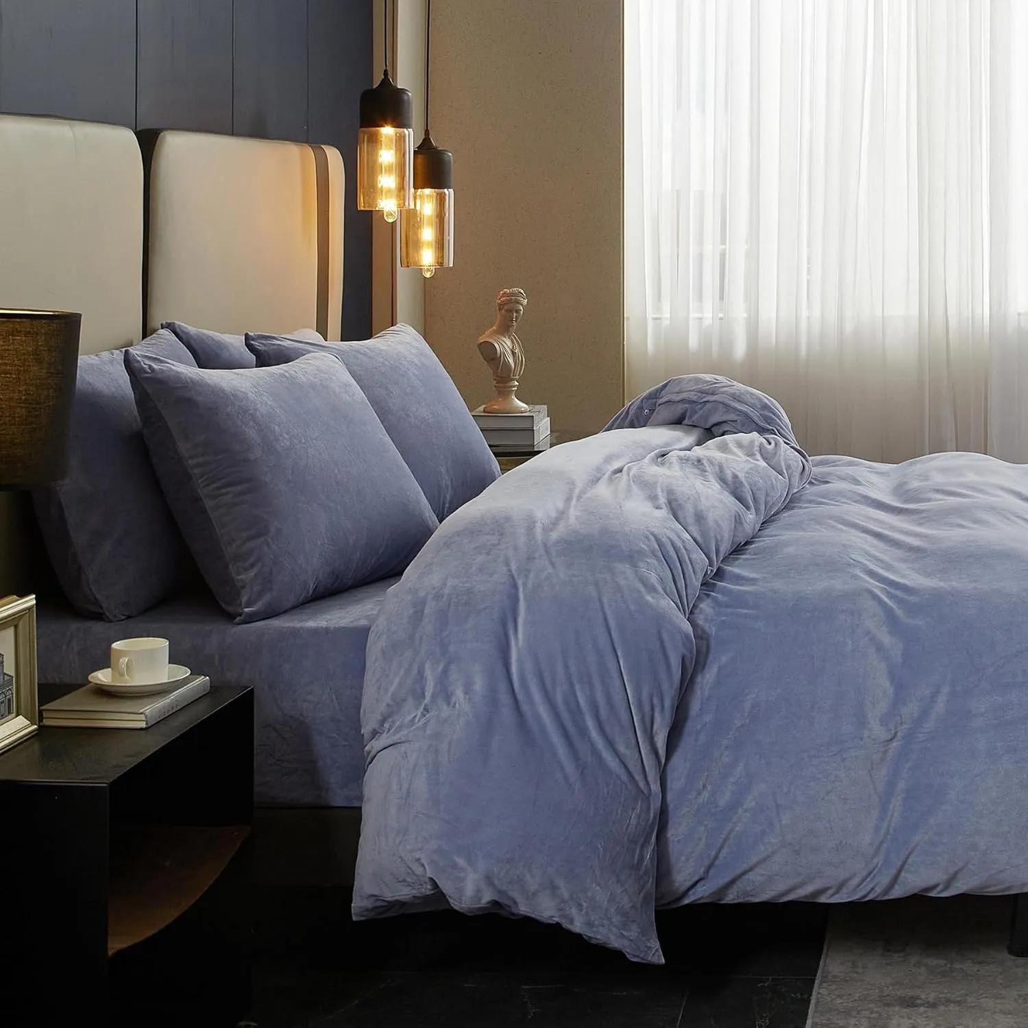 SE SOFTEXLY Velvet Blue Duvet Cover Queen Size, Soft Flannel Duvet Cover with Zipper Solid Breathable Silky Velour Comforter Cover, Cozy Winter Duvet Cover Set with 2 Pillowcases, 90" x 90"