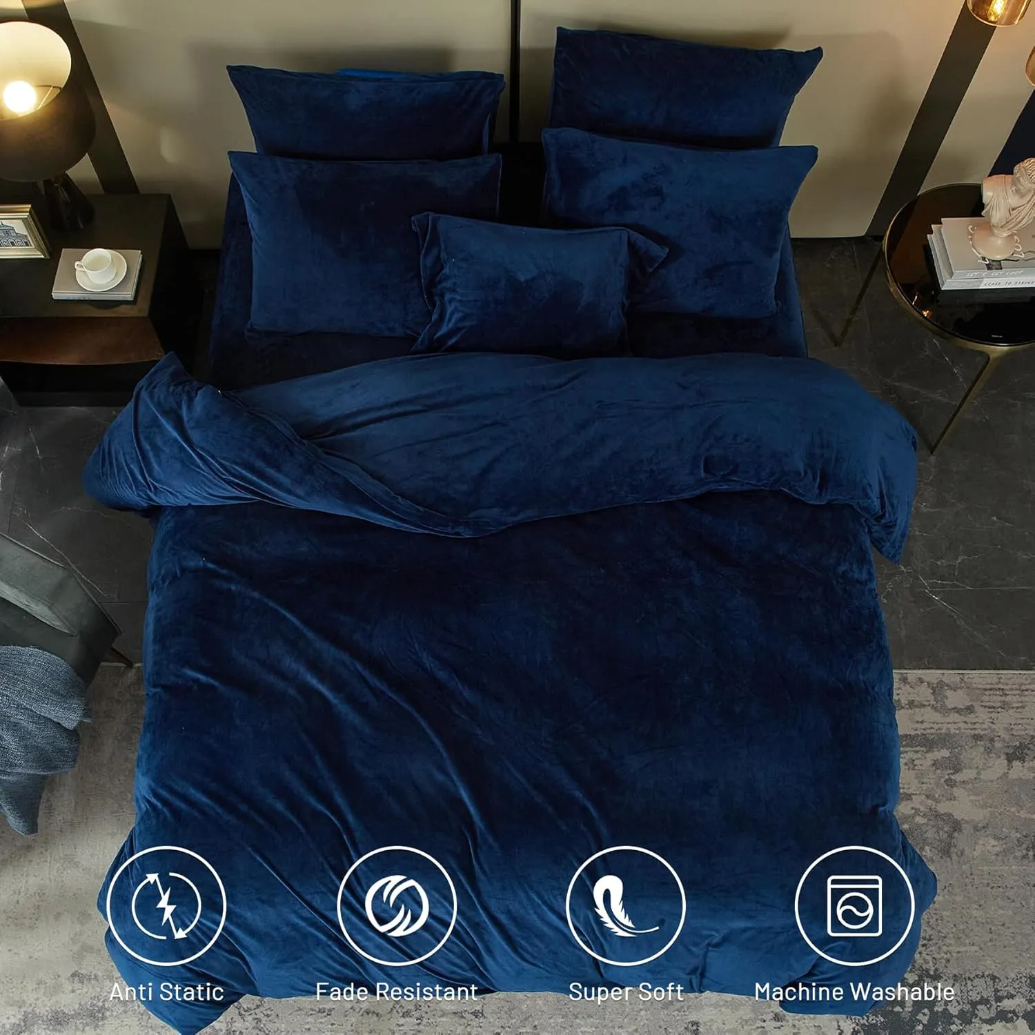SE SOFTEXLY Velvet Blue Duvet Cover Queen Size, Soft Flannel Duvet Cover with Zipper Solid Breathable Silky Velour Comforter Cover, Cozy Winter Duvet Cover Set with 2 Pillowcases, 90" x 90"