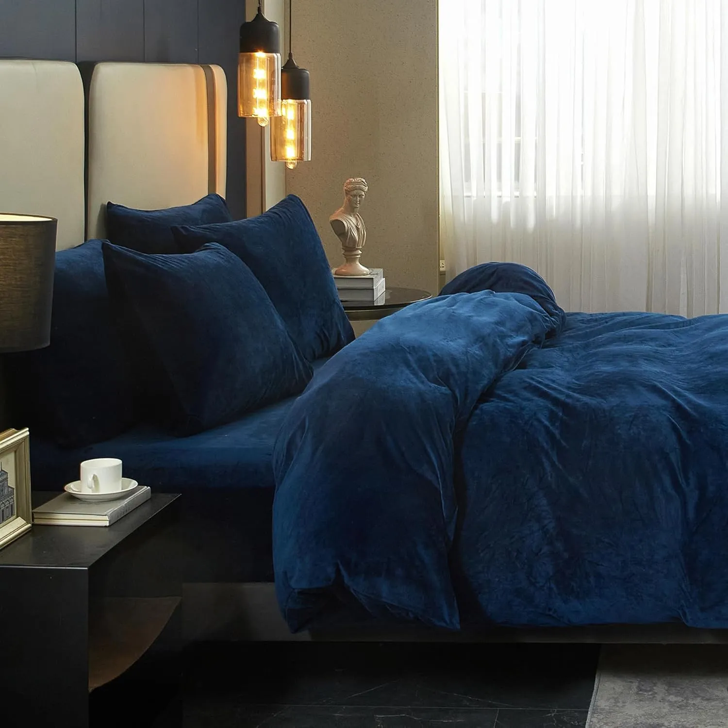 SE SOFTEXLY Velvet Blue Duvet Cover Queen Size, Soft Flannel Duvet Cover with Zipper Solid Breathable Silky Velour Comforter Cover, Cozy Winter Duvet Cover Set with 2 Pillowcases, 90" x 90"