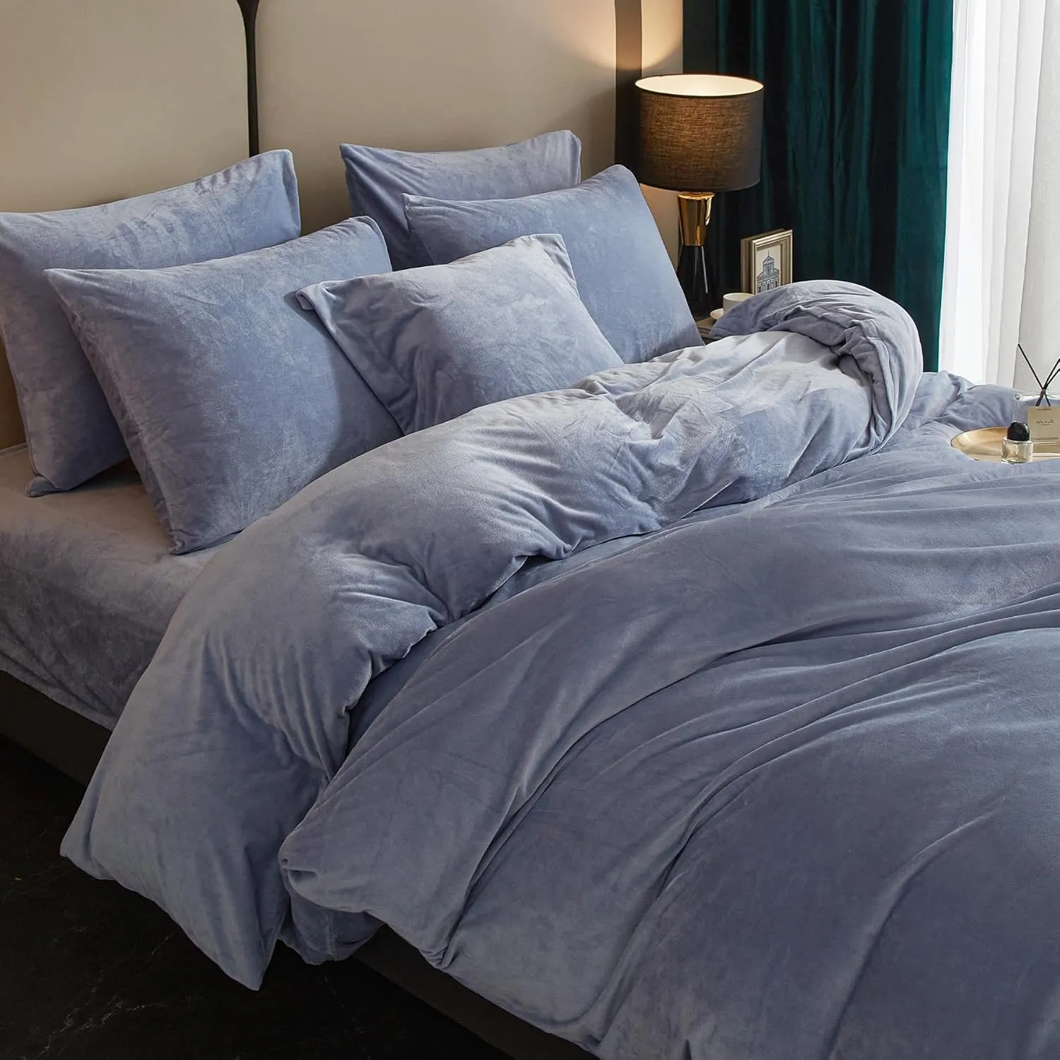 SE SOFTEXLY Velvet Blue Duvet Cover Queen Size, Soft Flannel Duvet Cover with Zipper Solid Breathable Silky Velour Comforter Cover, Cozy Winter Duvet Cover Set with 2 Pillowcases, 90" x 90"