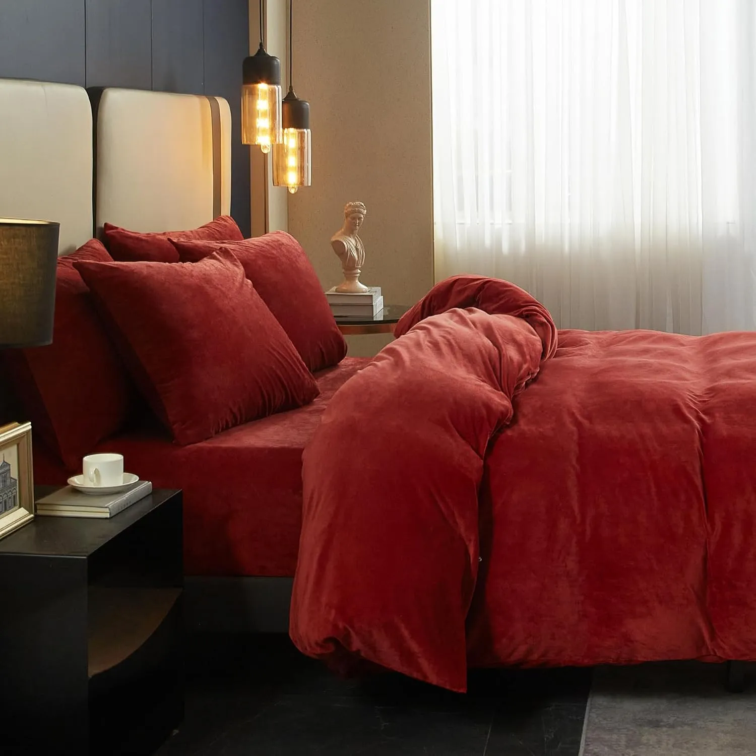 SE SOFTEXLY Velvet Red Duvet Cover Queen Size, Soft Flannel Duvet Cover 3Pcs Solid Breathable Silky Velour Comforter Cover 90" x 90", Luxury Cozy Winter Duvet Cover Set with 2 Pillowcases