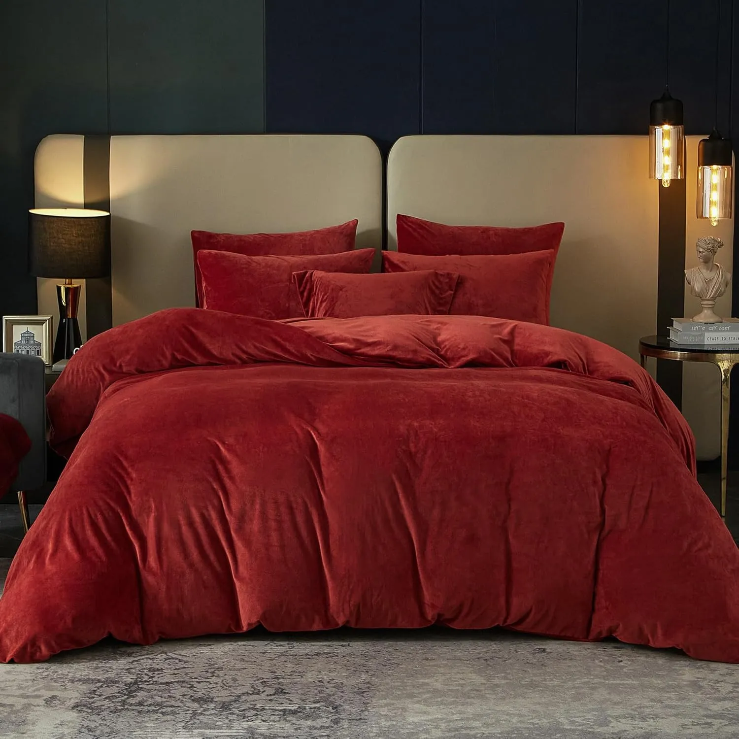 SE SOFTEXLY Velvet Red Duvet Cover Queen Size, Soft Flannel Duvet Cover 3Pcs Solid Breathable Silky Velour Comforter Cover 90" x 90", Luxury Cozy Winter Duvet Cover Set with 2 Pillowcases