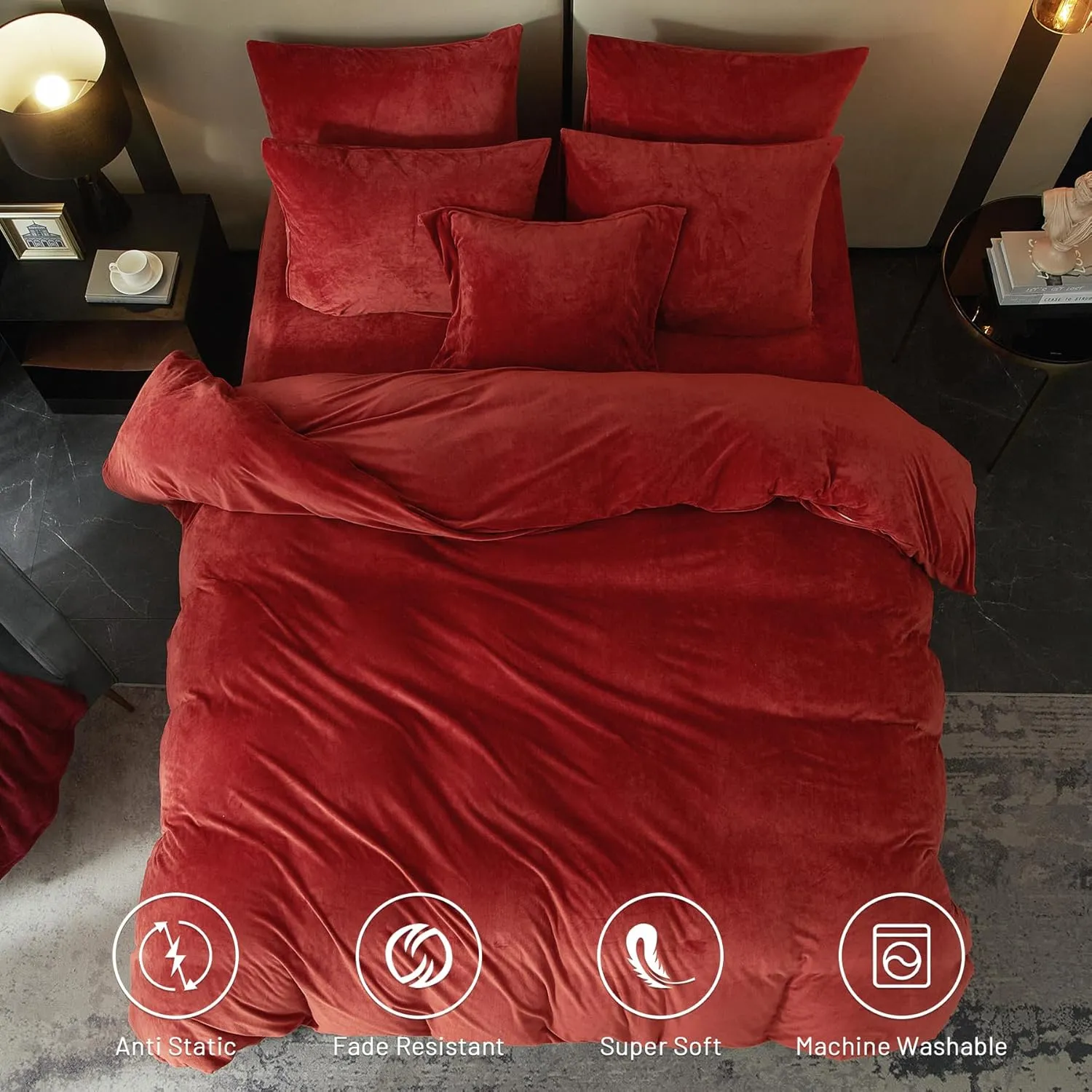 SE SOFTEXLY Velvet Red Duvet Cover Queen Size, Soft Flannel Duvet Cover 3Pcs Solid Breathable Silky Velour Comforter Cover 90" x 90", Luxury Cozy Winter Duvet Cover Set with 2 Pillowcases