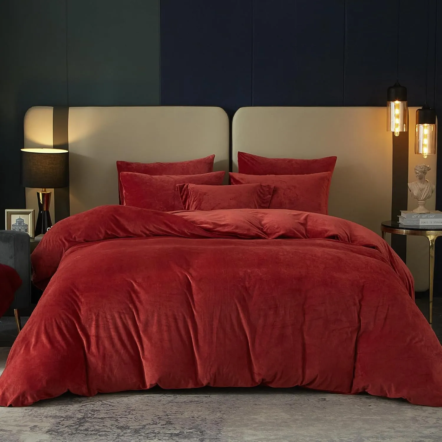 SE SOFTEXLY Velvet Red Duvet Cover Queen Size, Soft Flannel Duvet Cover 3Pcs Solid Breathable Silky Velour Comforter Cover 90" x 90", Luxury Cozy Winter Duvet Cover Set with 2 Pillowcases