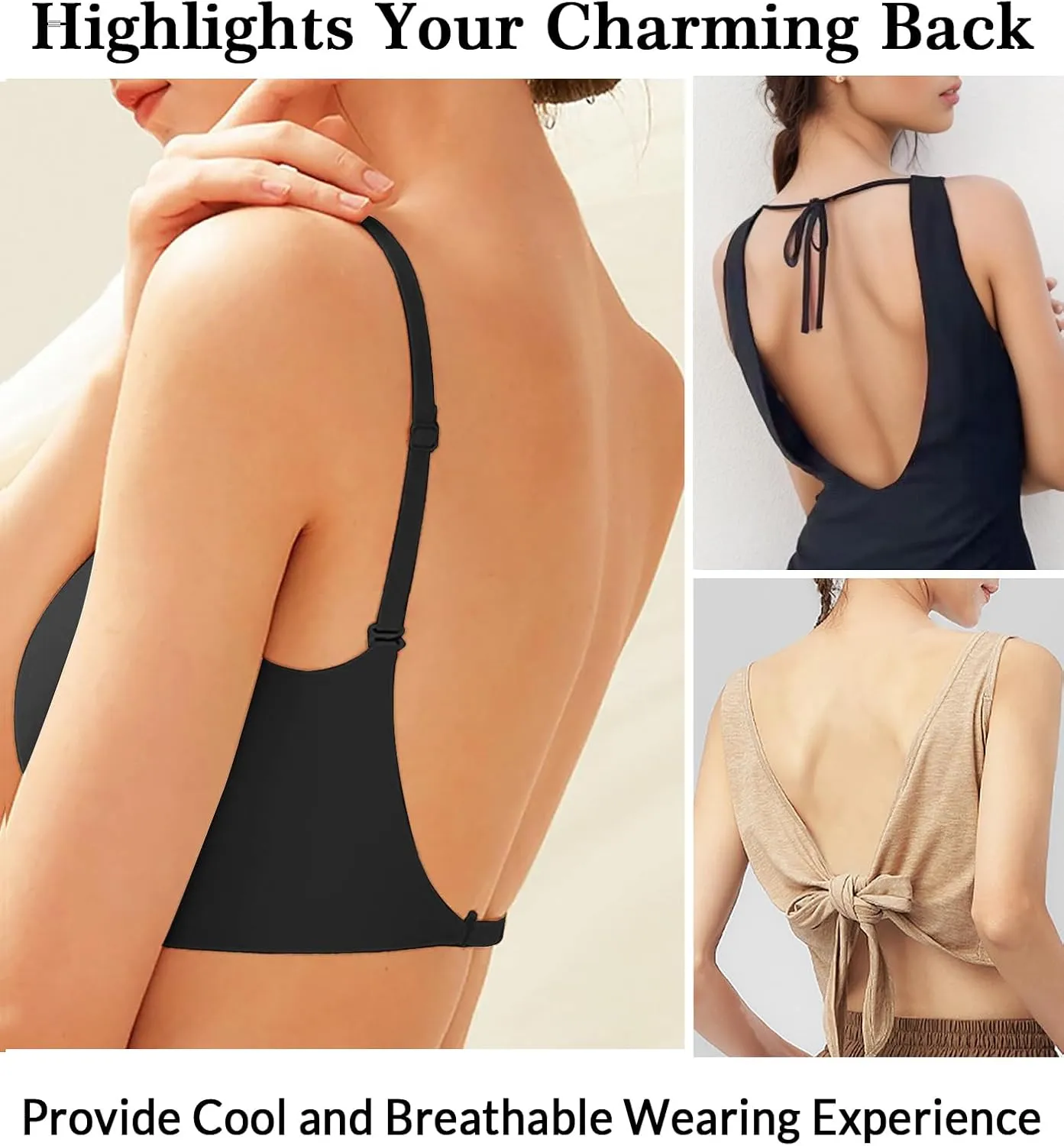 Seamless Low Back Bra Wireless Padded Bralette Thin Straps Comfort Halter Backless Cross Multiway Convertible Bras