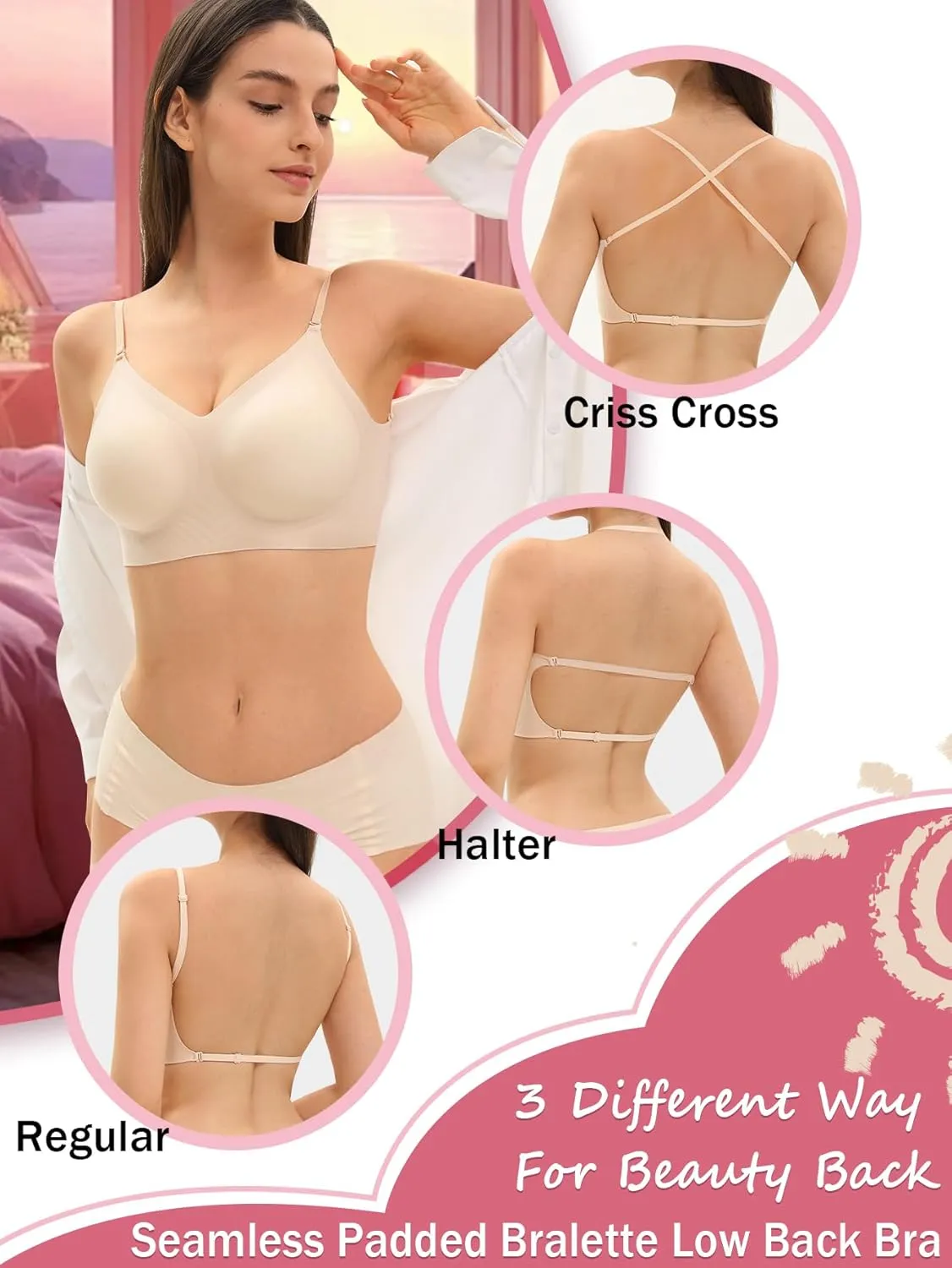 Seamless Low Back Bra Wireless Padded Bralette Thin Straps Comfort Halter Backless Cross Multiway Convertible Bras
