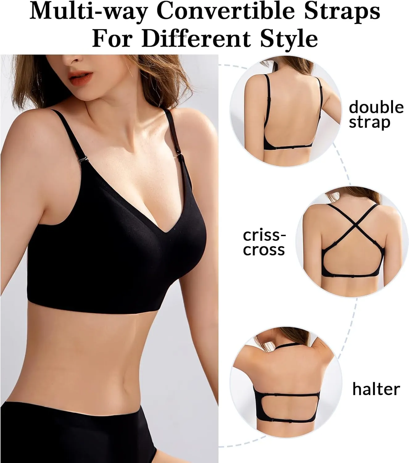 Seamless Low Back Bra Wireless Padded Bralette Thin Straps Comfort Halter Backless Cross Multiway Convertible Bras