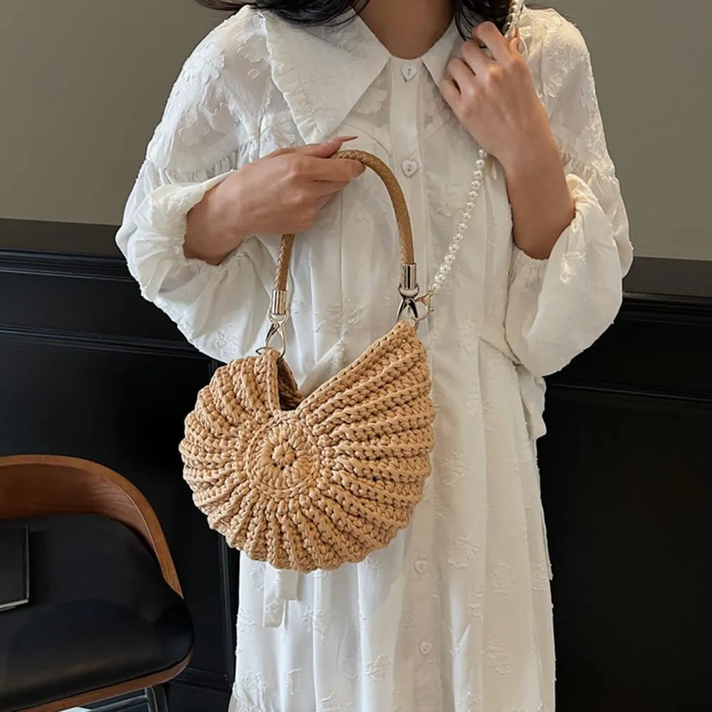 Seashell Bag Handwoven Beach Handbag Shell Purse for Wome Summer Crossbody Satchel with Pearl Strap
