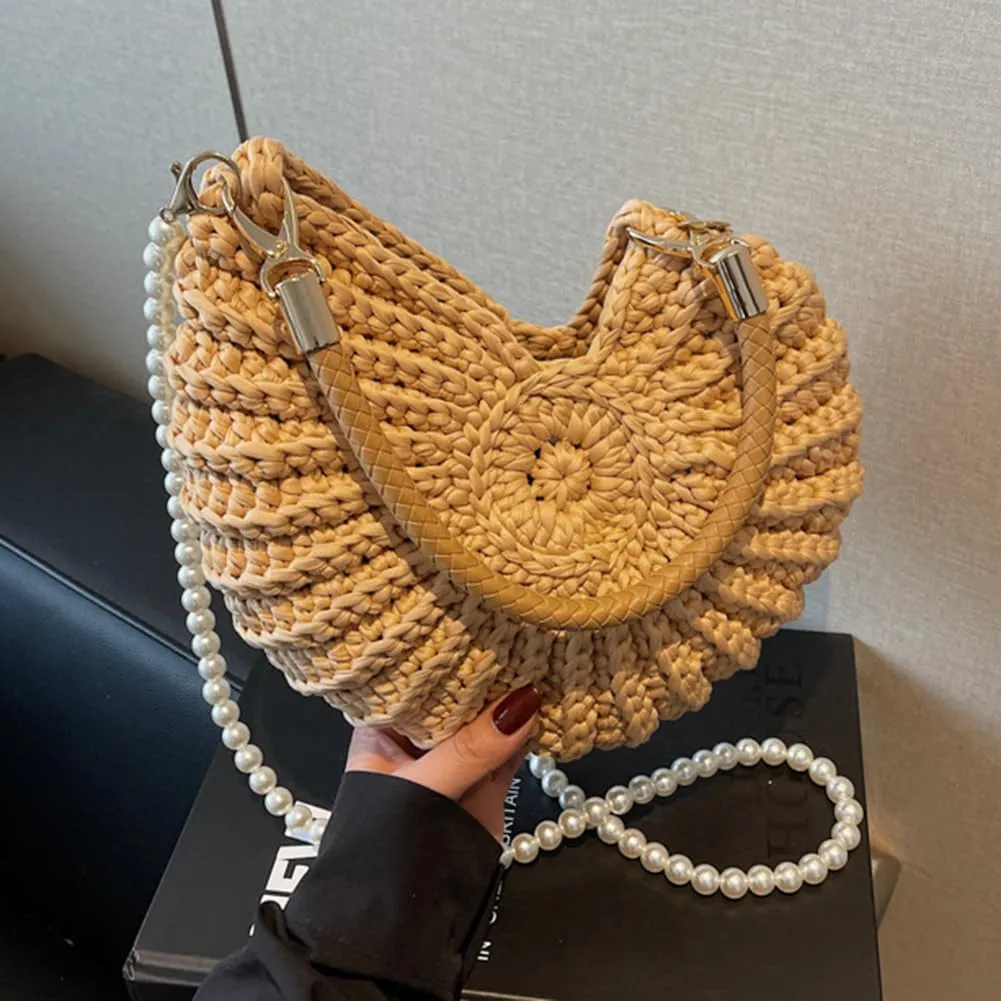 Seashell Bag Handwoven Beach Handbag Shell Purse for Wome Summer Crossbody Satchel with Pearl Strap