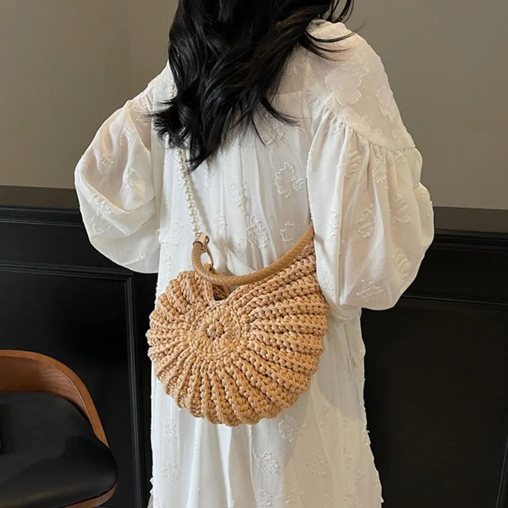 Seashell Bag Handwoven Beach Handbag Shell Purse for Wome Summer Crossbody Satchel with Pearl Strap