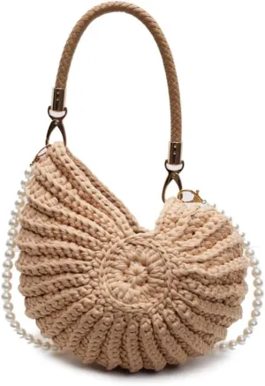 Seashell Bag Handwoven Beach Handbag Shell Purse for Wome Summer Crossbody Satchel with Pearl Strap