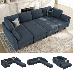 Sectional Sleeper Sofa, 8 Seaters Navy Modular Sleeper Sofa Couch, Comfy Sectionals Couches Bed, Convertible Sofas with Ottomans, Modular Sectional Couches for Living Room