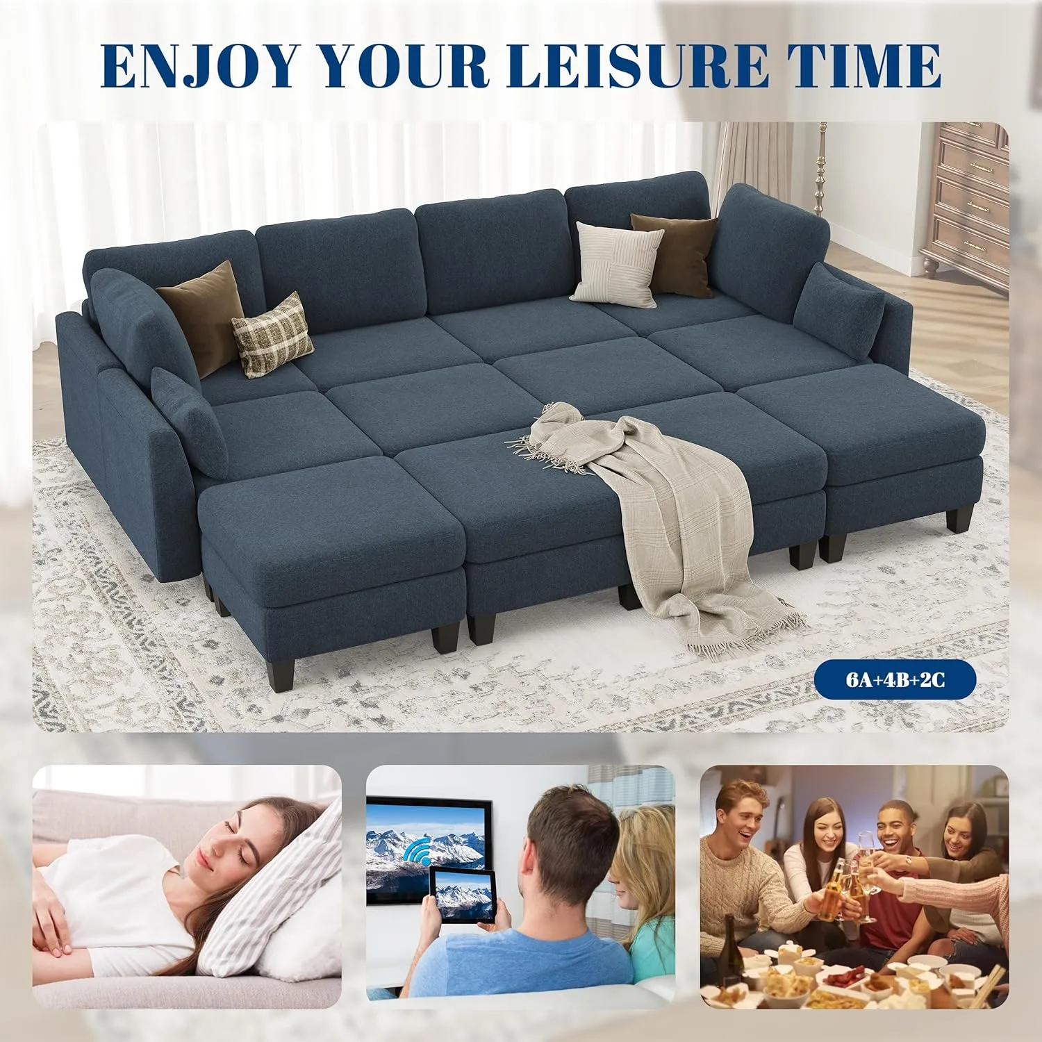 Sectional Sleeper Sofa, 8 Seaters Navy Modular Sleeper Sofa Couch, Comfy Sectionals Couches Bed, Convertible Sofas with Ottomans, Modular Sectional Couches for Living Room