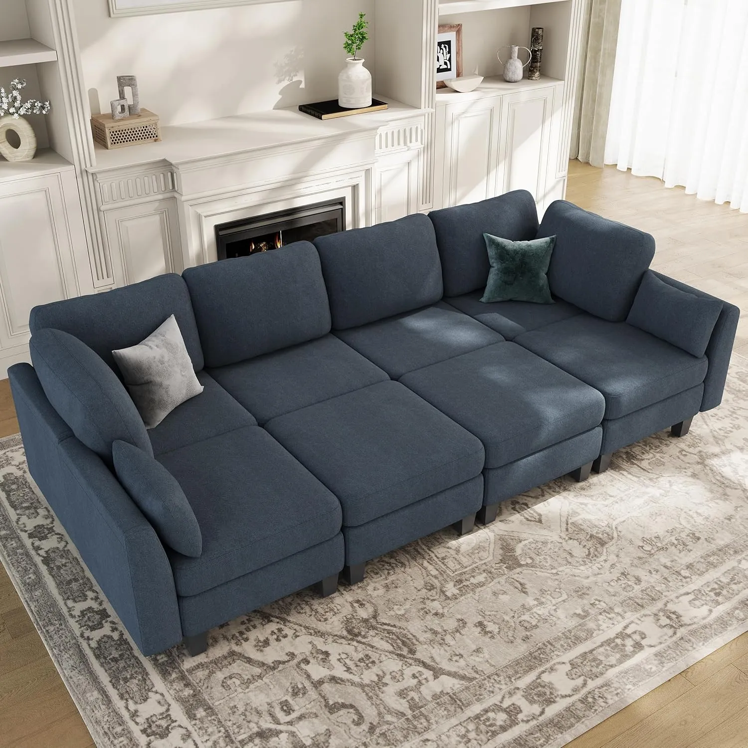 Sectional Sleeper Sofa, 8 Seaters Navy Modular Sleeper Sofa Couch, Comfy Sectionals Couches Bed, Convertible Sofas with Ottomans, Modular Sectional Couches for Living Room