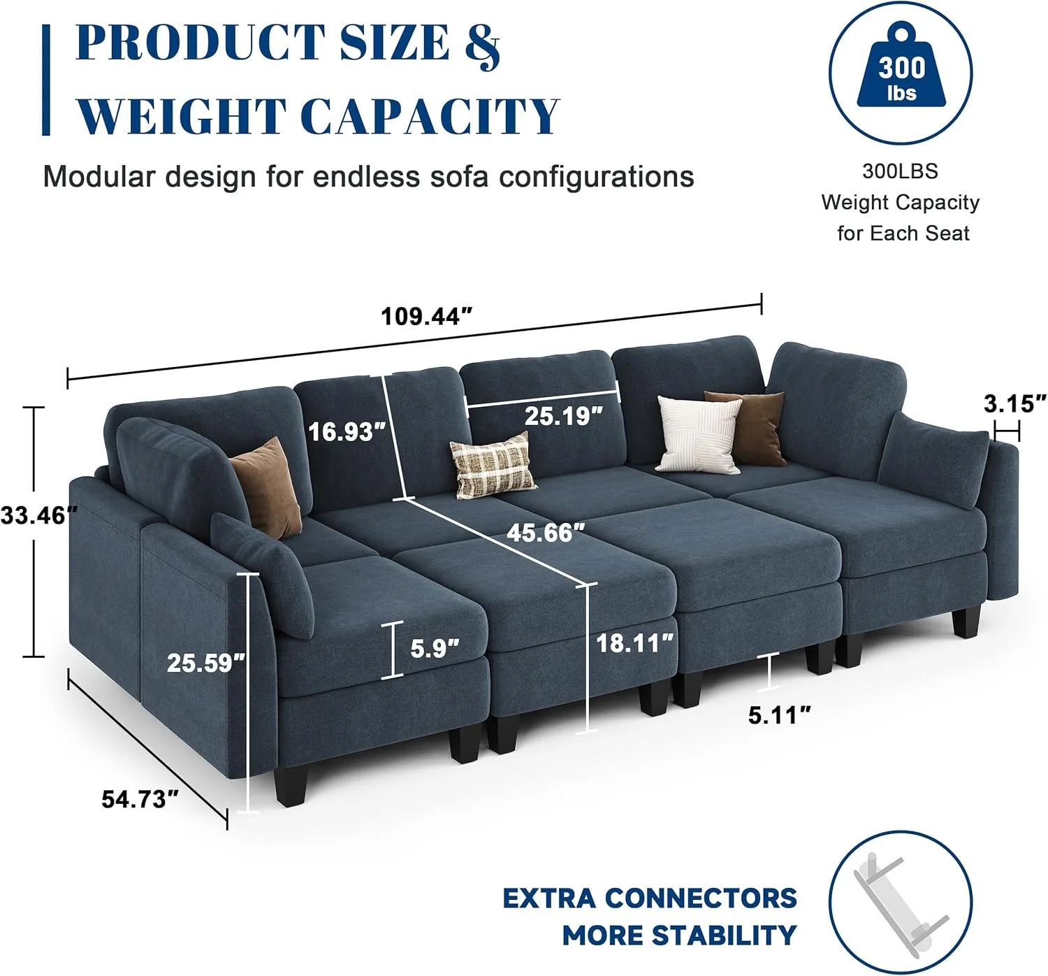 Sectional Sleeper Sofa, 8 Seaters Navy Modular Sleeper Sofa Couch, Comfy Sectionals Couches Bed, Convertible Sofas with Ottomans, Modular Sectional Couches for Living Room