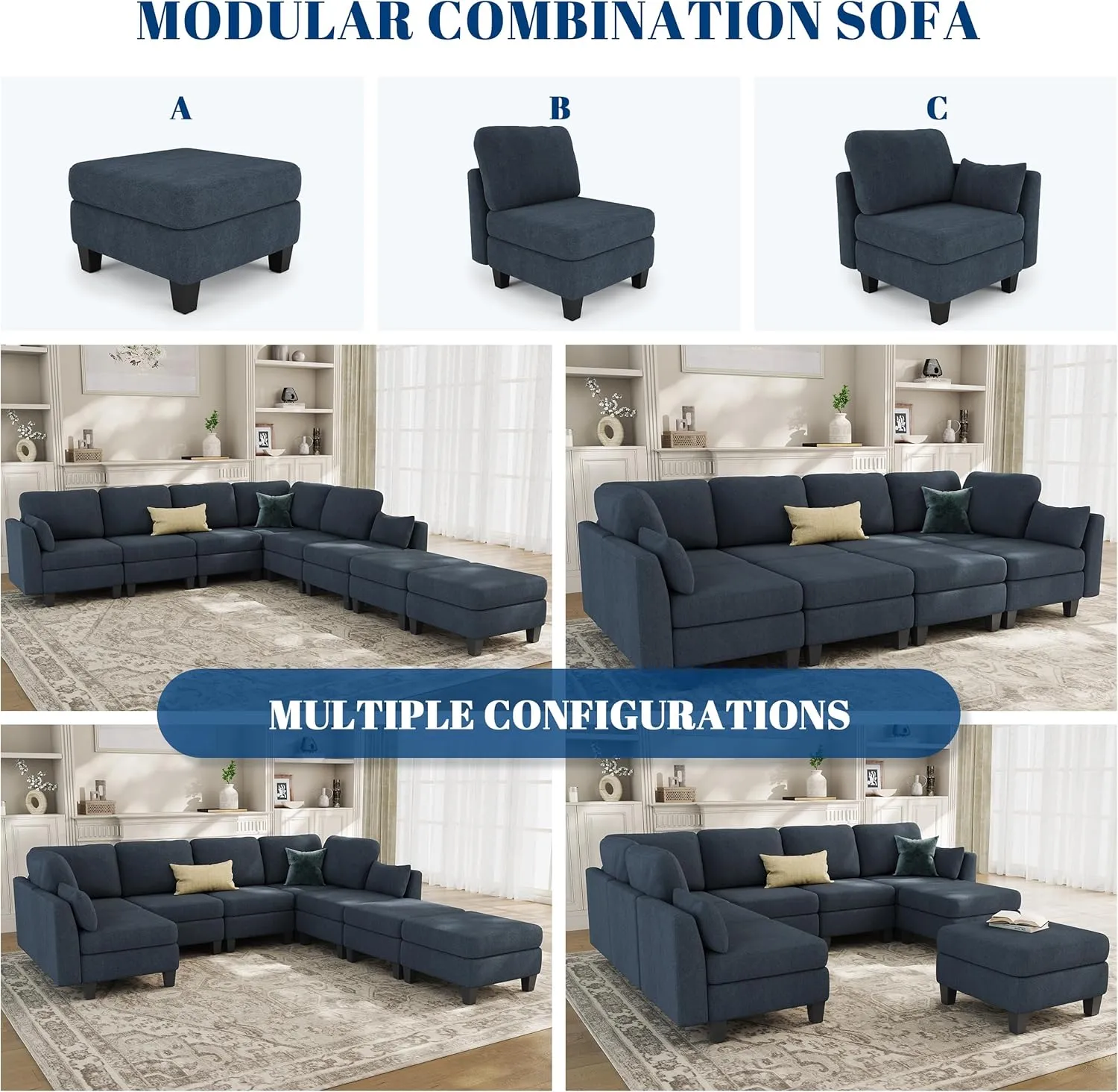 Sectional Sleeper Sofa, 8 Seaters Navy Modular Sleeper Sofa Couch, Comfy Sectionals Couches Bed, Convertible Sofas with Ottomans, Modular Sectional Couches for Living Room