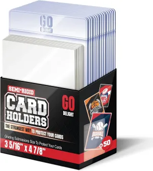 Semi Rigid Card Holders – 100 Bundle - 50 Card Holders for Trading Cards and 50 Soft Sleeves for PSA, SGC, BGS, CSG - Baseball Card Sleeves - 3-5/16" x 4-7/8" Including 1/2" Lip