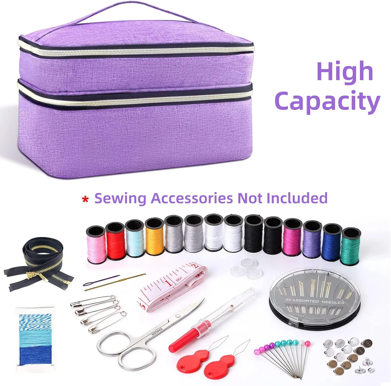 Sewing Organizer Bag - 11.5"x8"x6" Double-Layer Sewing Box with Storage for Scissors, Thread, Pins, Needles, Clips (Purple)