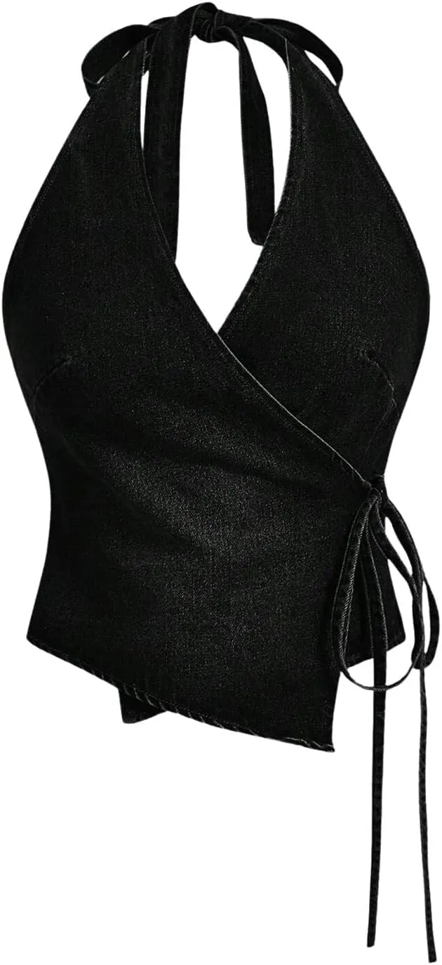 SHENHE Women's Halter Neck Denim Wrap Top Side Tie Backless Vintage Jean Top Shirt