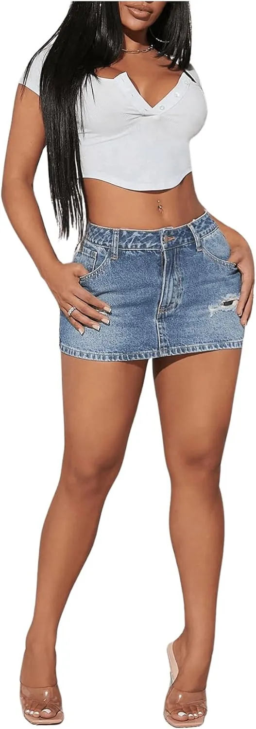 SHENHE Women's Ripped Low Rise Zip Fly Denim Skirt Sexy Y2k Vintage Jean Mini Skirt
