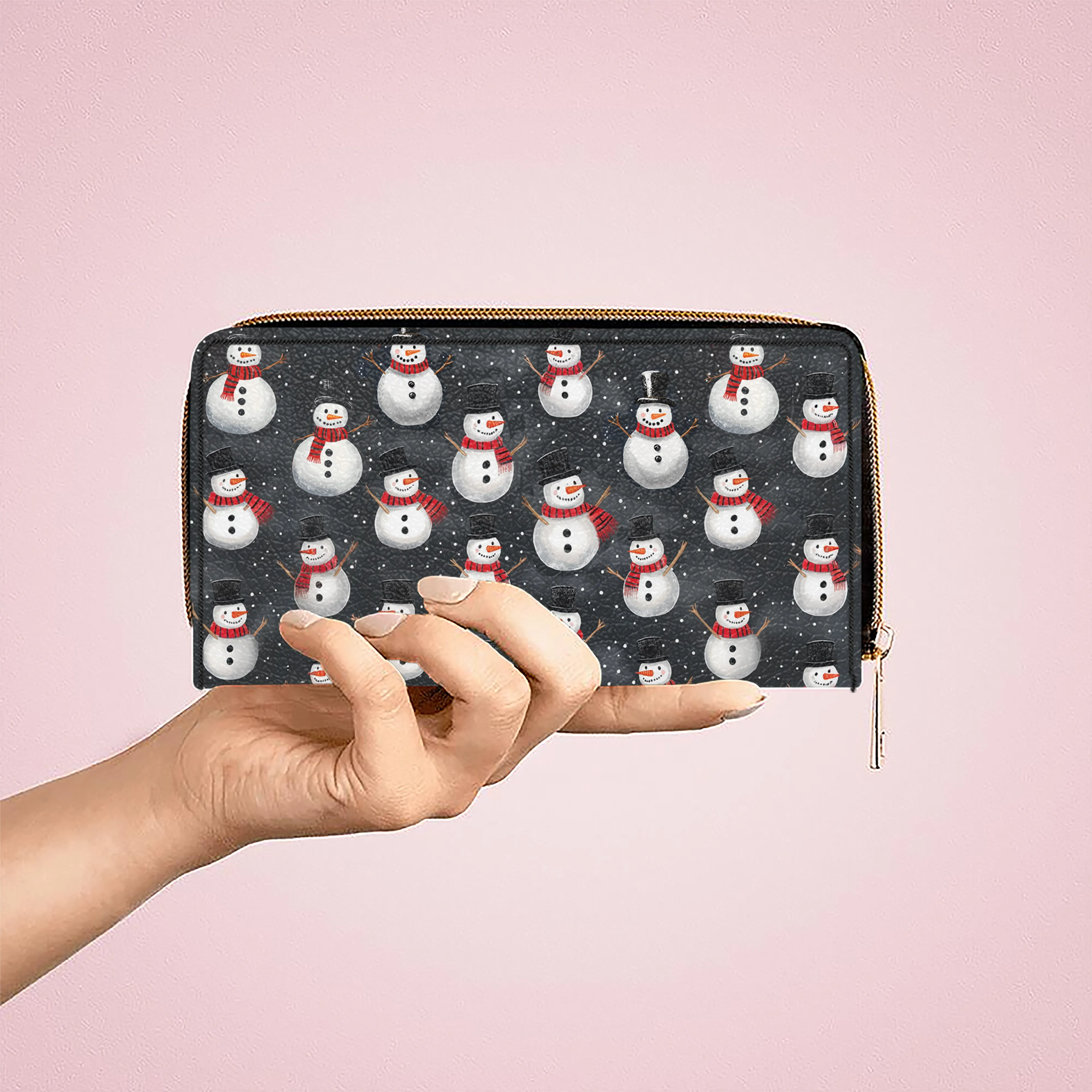 Shineful Leather Clutch Purse With Wristlet Strap Handle Christmas Snowman Gathering