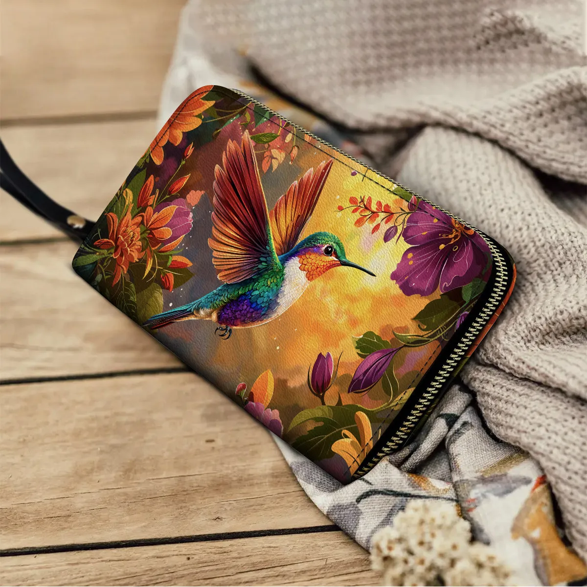 Shineful Leather Clutch Purse With Wristlet Strap Handle Hummingbird Blossom