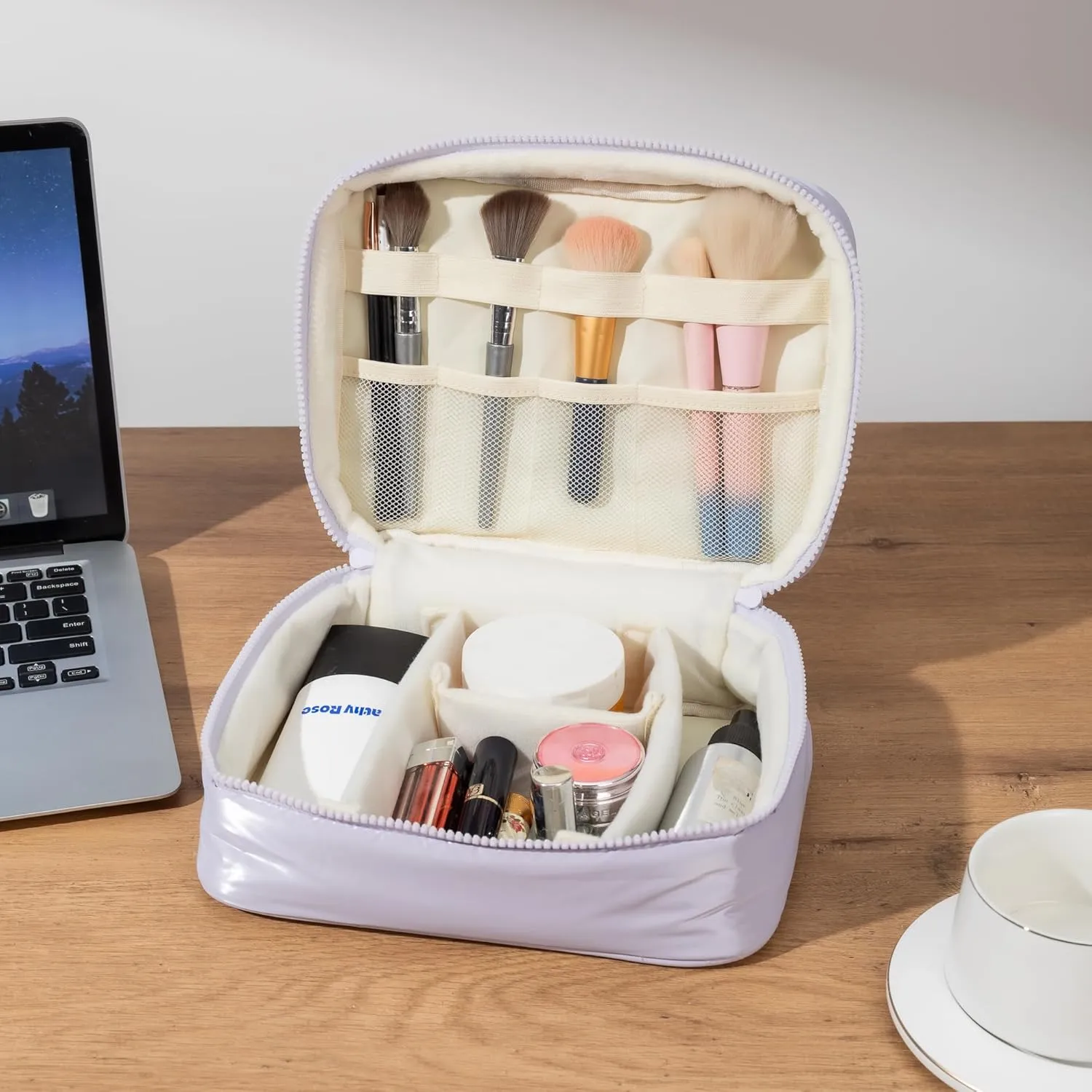 Shiny Puffy Makeup Bag Large Capacity Travel Water-proof Toiletry Bag Drop-proof Digital Product Organizer (Purple, L and M)