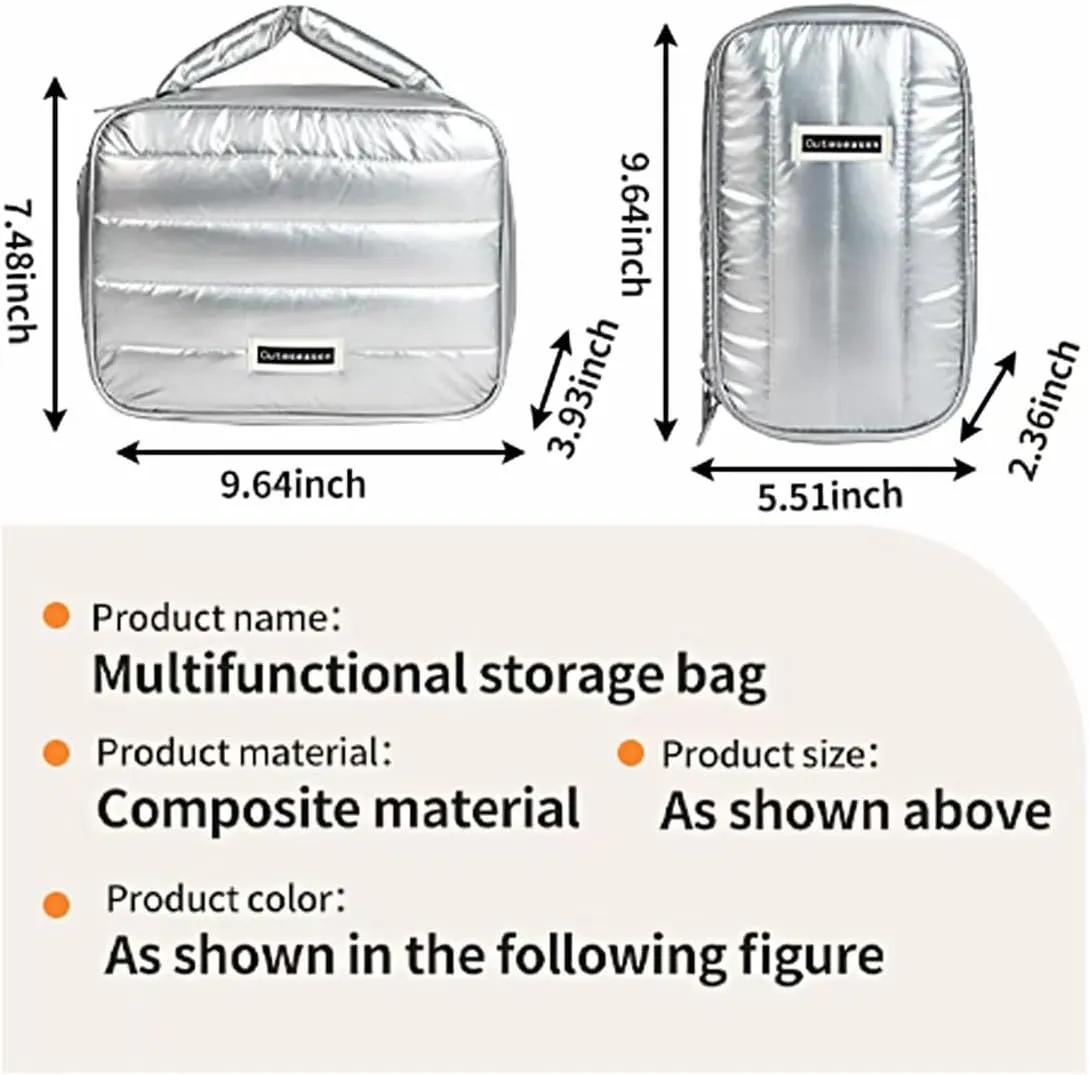 Shiny Puffy Makeup Bag Large Capacity Travel Water-proof Toiletry Bag Drop-proof Digital Product Organizer (Purple, L and M)